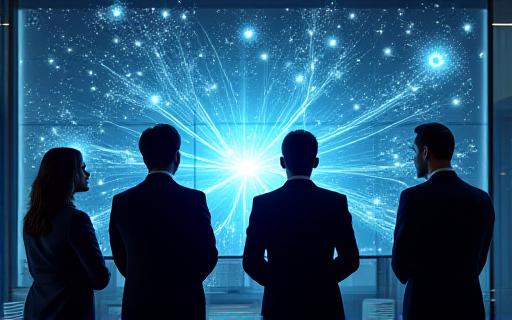 Team of IT consultants analyzing complex digital data patterns on a large screen